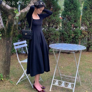 ┇Đầm Dệt Kim Tay Dài Cổ Vuông Phong Cách Hong Kong Thời Trang Mùa Thu Cho Nữ