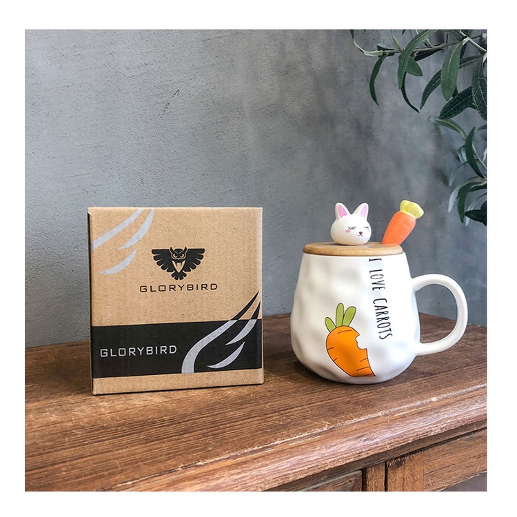 Cốc sứ thỏ carrots kèm nắp gỗ và muỗng cà rốt kute