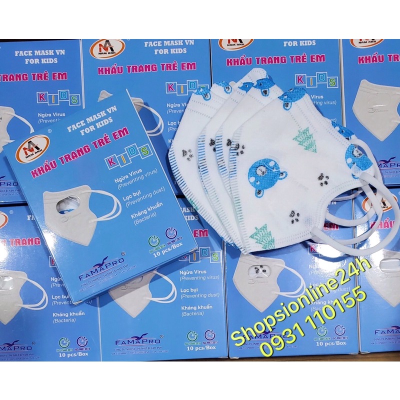 ✅ Hộp 10 khẩu trang y tế 5D mask N95 VN95 Famapro Nam Anh cho bé dưới 6 tuổi hình gấu xanh