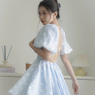 🦋đầm xanh hoa nổi hở lưng đan dây chéo🦋