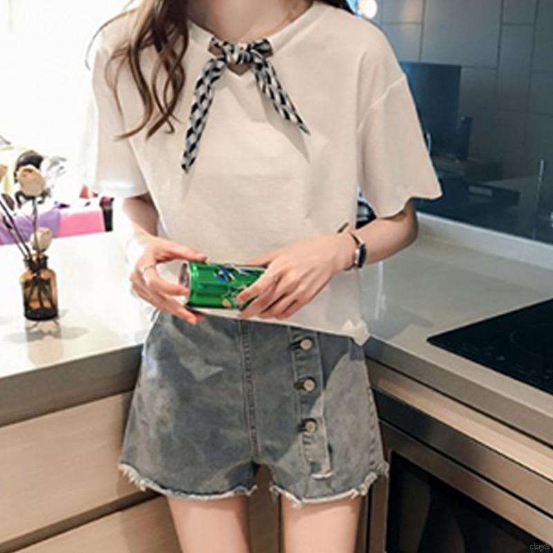 Áo thun tay ngắn cổ tròn thắt nơ thời trang Hàn Quốc dành cho bạn nữ