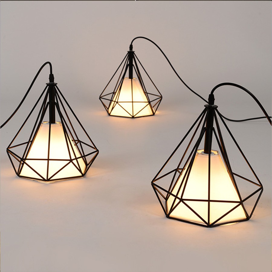 Đèn thả trang trí kim cương khung sắt, chao vải dùng bóng led cao cấp