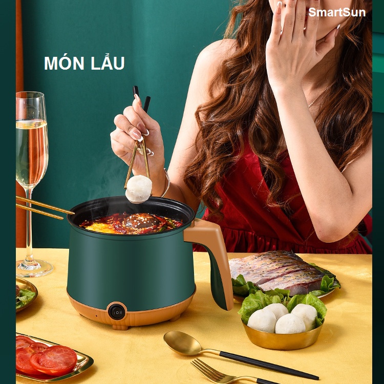 Nồi Lẩu Điện Mini 18cm, Nồi Điện Đa Năng 2 Tầng Chống Dính (Rán, Chiên, Xào, Hấp) Tặng Kèm Xửng Hấp - Gia dụng SmartSun
