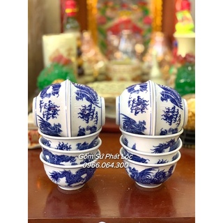 Bát cơm cúng men xanh gốm sứ bát tràng, set 10 bát cúng men lam