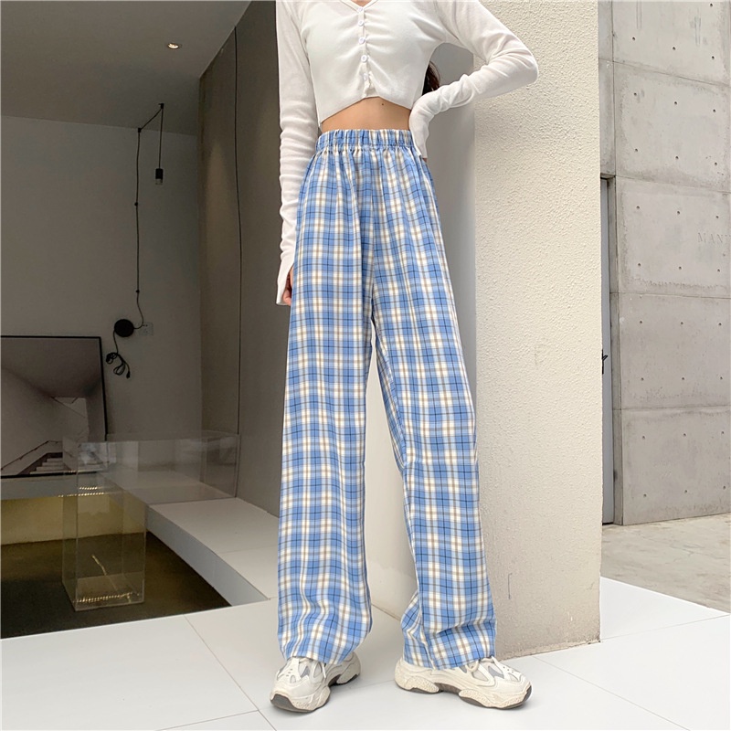 Autumn New Women's Large-size Plaid Wide-legged Pants Women Fat MM High-waisted Straight Straight Loose-fitting Drag Pants