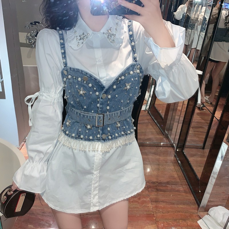 (ORDER) Set áo sơ mi cổ đá + áo 2s denim tán đá tua rua