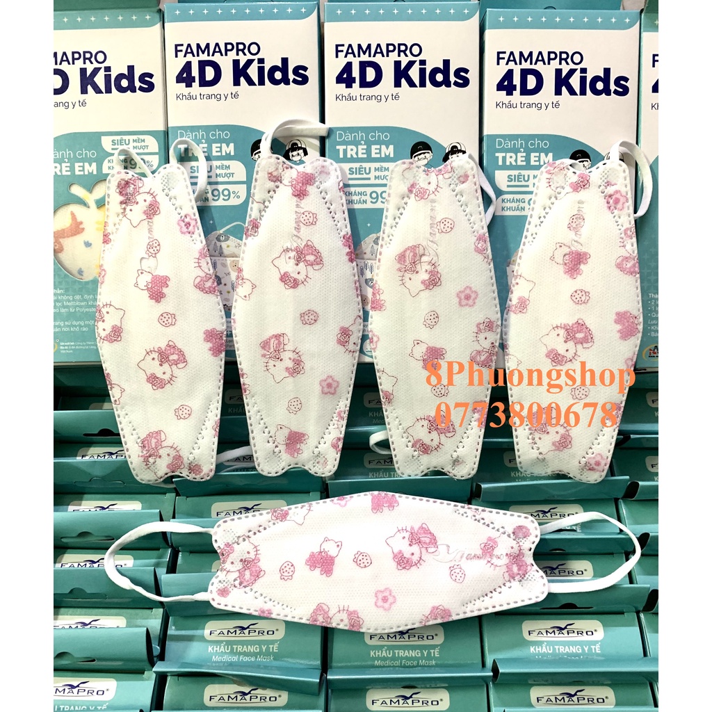 Khẩu trang cho bé 4D FAMAPRO IN HÌNH 10 cái/ Hộp - Khấu trang FAMAPRO 4D Kids 3 lớp kháng khuẩn in hình dễ thương