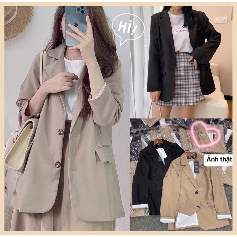 Áo blazer nữ dài tay túi nắp basic chất nilen 2 lớp phong cách Hàn Quốc, Áo khoác vest blazer dáng rộng màu trơn 2021