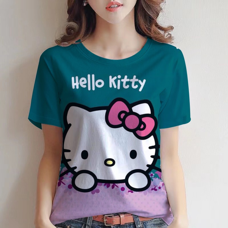 Áo Thun Nữ Ngắn Tay Cổ Tròn In Hình Hello Kitty