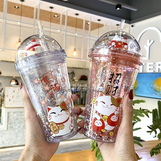 Ly Đựng Nước, Cốc Đựng Nước Kèm Ống Hút Tiện Lợi 2 Lớp Hình Mèo Neko Phong Cách Hàn Quốc Siêu Đáng Yêu