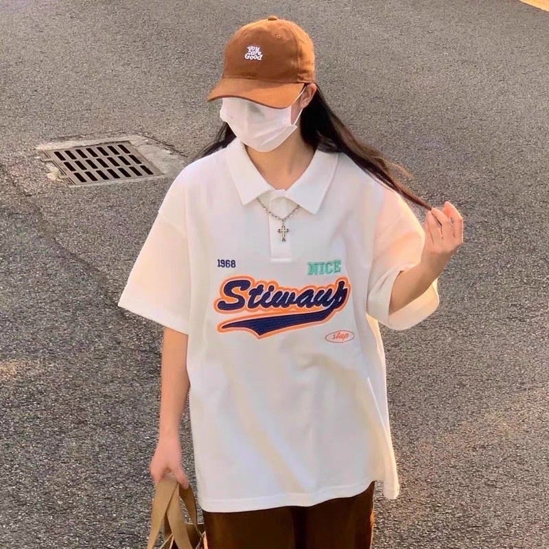 Áo polo cổ bẻ STIWAY màu trắng tay lỡ form thụng unisex mùa hè chất dày dặn Nhungkudostore