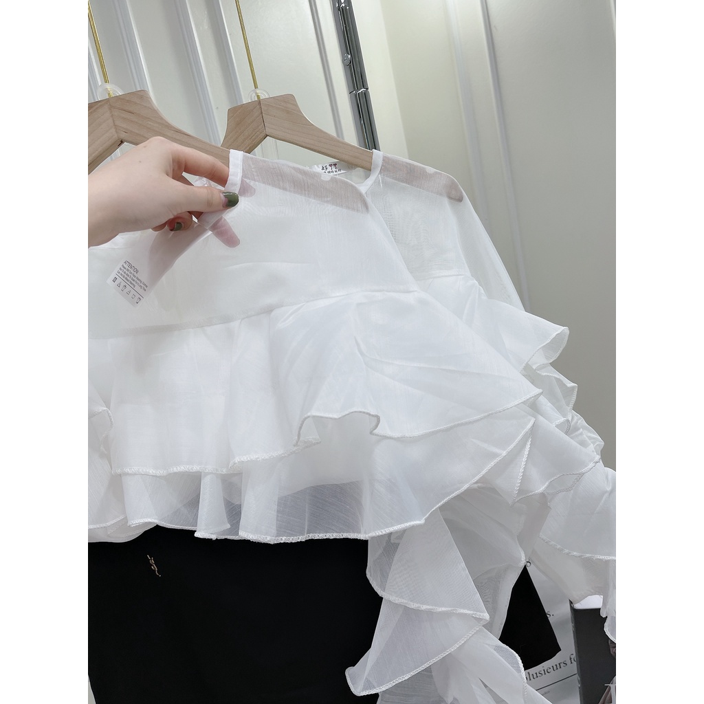 Set áo voan bèo tiểu thư xinh xắn phối chân váy ngắn công sở chữ a kèm logo DN834