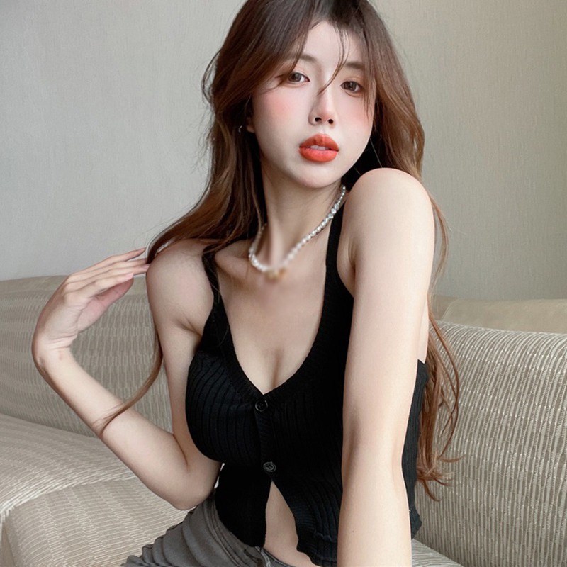 Áo Croptop Dệt Kim Áo Tank Top Nữ Áo Hàn Quốc Nữ Không Tay Cổ Chữ V Màu Trơn Trọng Lượng Nhẹ Cho Nữ