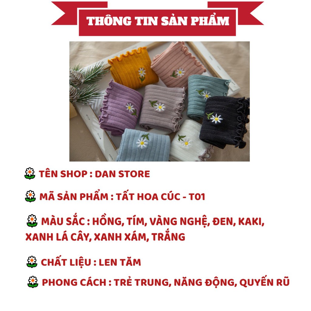 Tất Nữ Cổ Cao Thêu Hoa Cúc Phong Cách Vintage Hàn Quốc len tăm xinh xắn mã T01