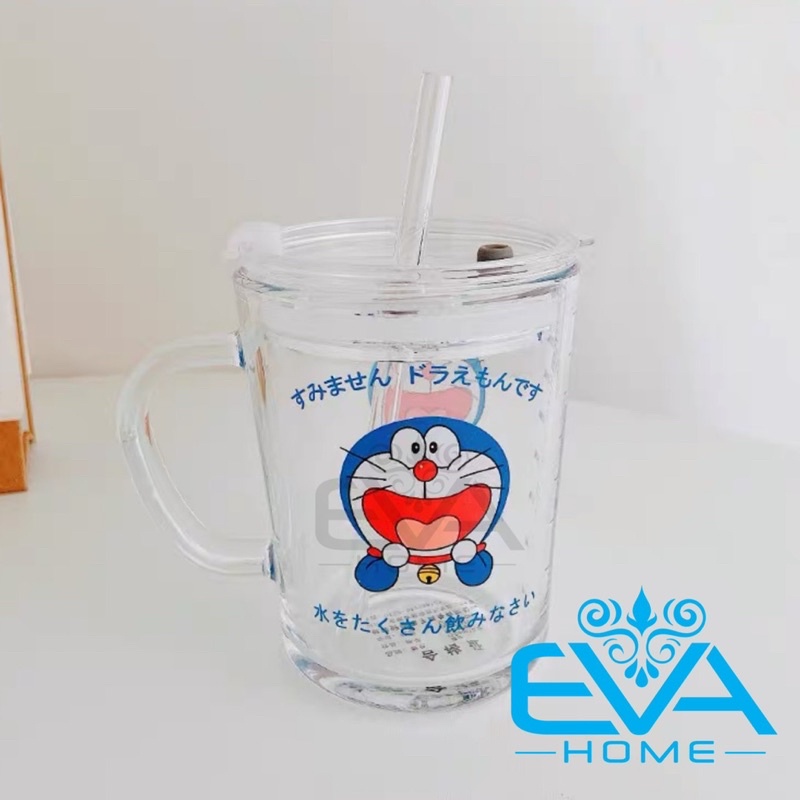 Ly Quai Thuỷ Tinh Có Vạch Chia 350 Ml Pha Sữa Hình Mèo Máy Doremon Kèm Nắp Đậy Ống Hút Silicone Cute Cao Cấp SP585