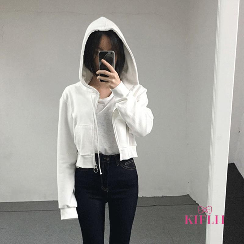 🌈Áo khoác form ngắn croptop tay dài có mũ nón trùm đầu dây kéo ulzzang