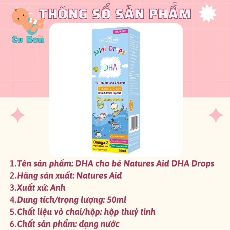 DHA cho bé Natures Aid DHA Drops của Anh 50ml dạng giọt chứa omega-3 giúp bé phát triển trí tuệ từ 3 tháng tuổi