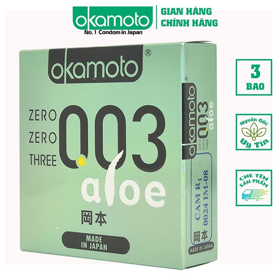 Bao Cao Su Okamoto 0.03 Aloe, Tinh Chất Lô Hội, nhiều gel bôi trơn (Hộp 3C)