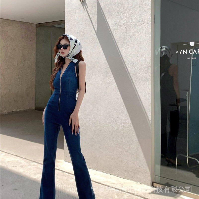 High quality · Nini  denim stretch jumpsuit women's summer hot pants Korean style sense zipper sleeveless vest straight long pants