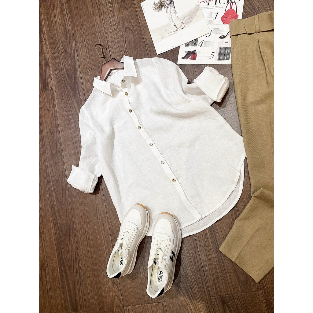 Áo sơ mi trắng linen cúc dừa thiết kế Lalastyle