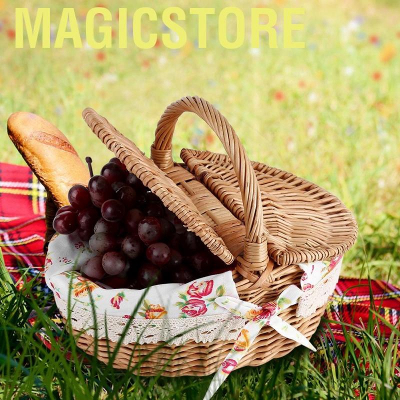 [Ready Stock] Magicstore Giỏ đựng đồ đi dã ngoại gắn nắp hai ngăn phủ vải in hoa dễ thương