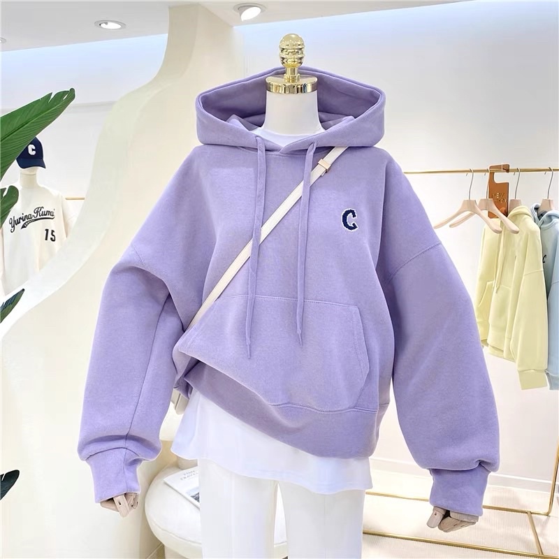 Áo hoodie vải nỉ Lót Bông Dày Dặn Thêu C Unisex Form Rộng