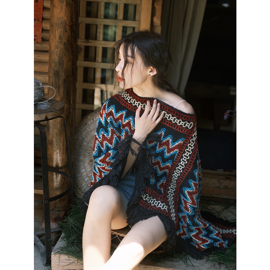 Áo len boho mùa thu đông họa tiết đẹp dáng khăn