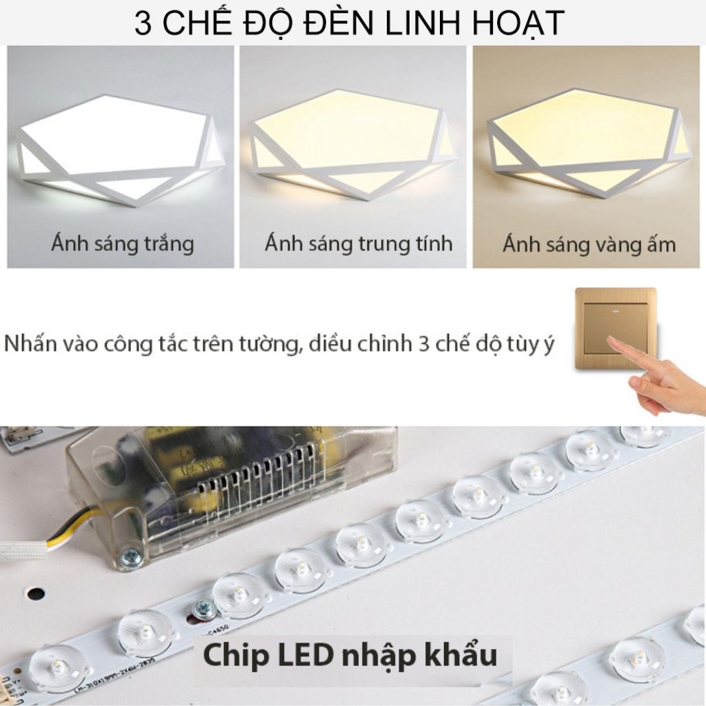 Đèn Ốp Trần Phòng Khách Kim Cương THỦ ĐÔ LIGHTING Thiết Kế Sáng Tạo Hai Mẫu Màu Trắng Và Đen, Đèn LED 3 Chế Độ Màu