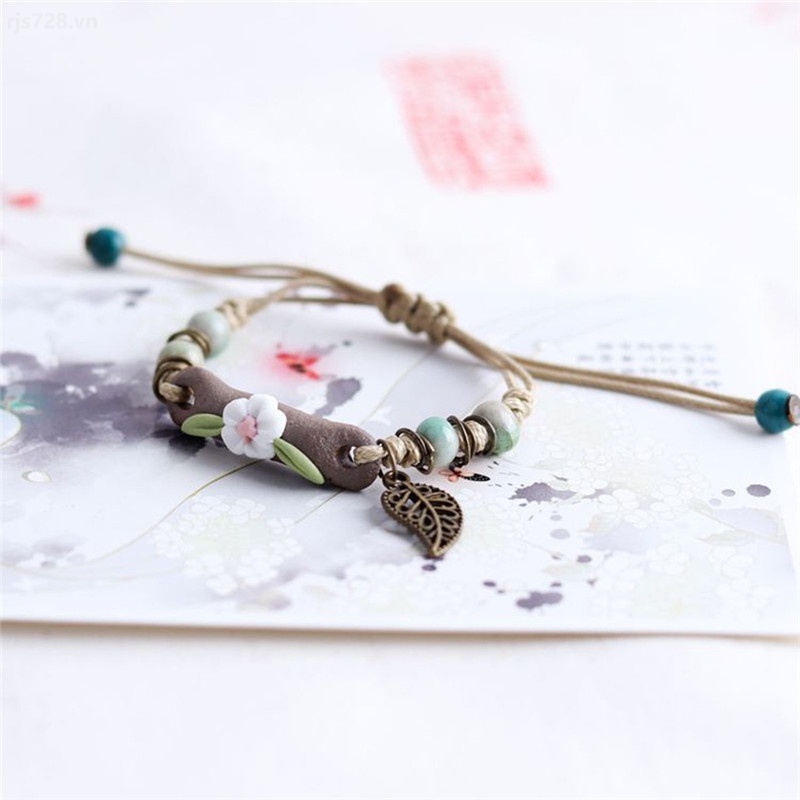 Vòng Đeo Tay Dây Đan Mặt Gốm Sứ Phong Cách Vintage Cá Tính