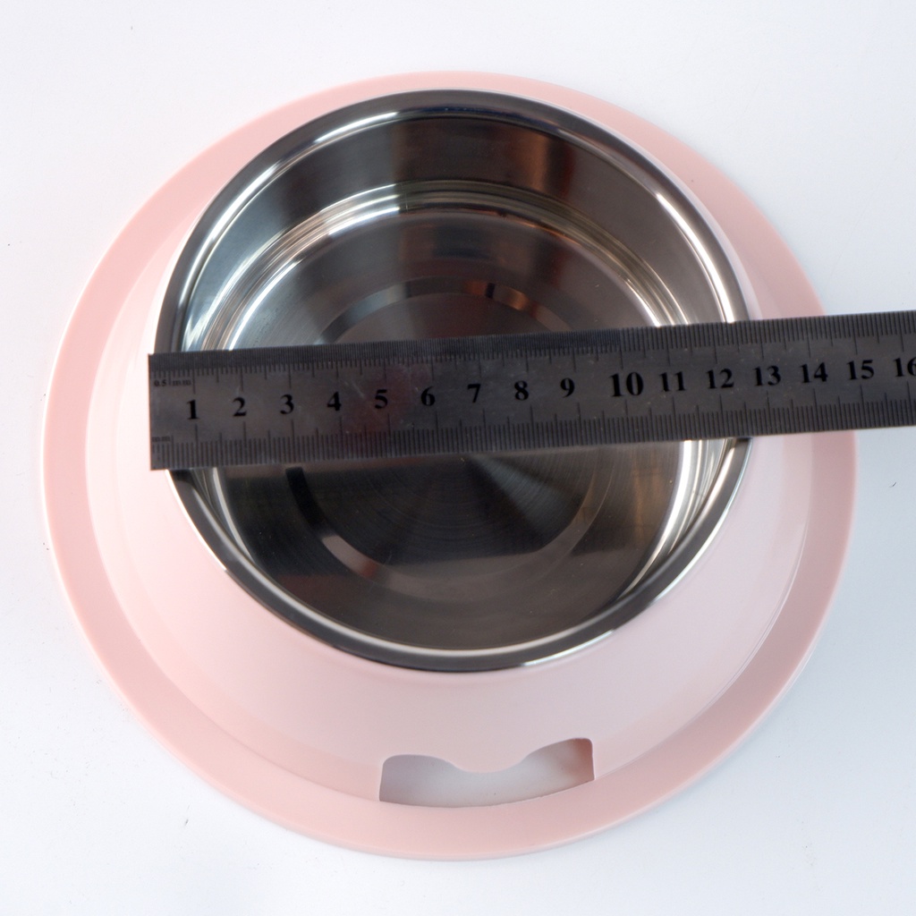 Bát ăn cho chó mèo bằng inox đế nhựa rộng chống lật hình tròn có khoét lỗ chữ M