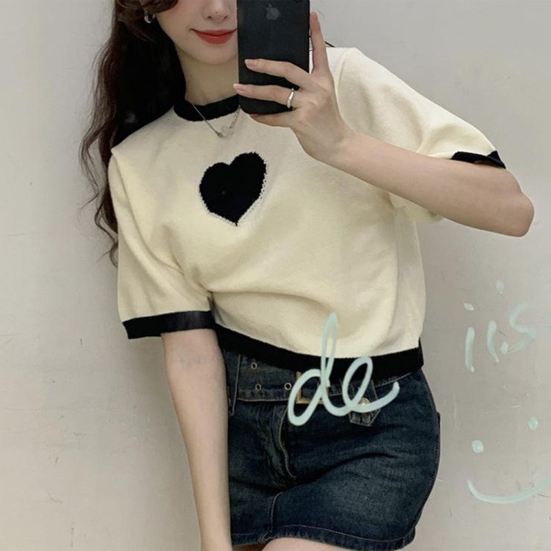 Áo Thun Crop Top Dệt Kim Tay Ngắn Cổ Thuyền Màu Tương Phản Họa Tiết Trái Tim Dễ Thương Thời Trang Mùa Hè Cho Nữ