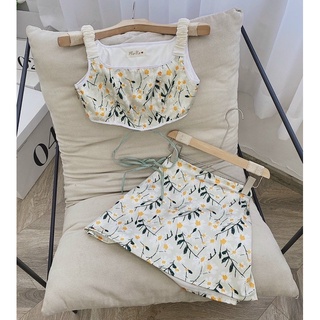 Set áo crop 2s cột dây + chân váy hoa - kèm video