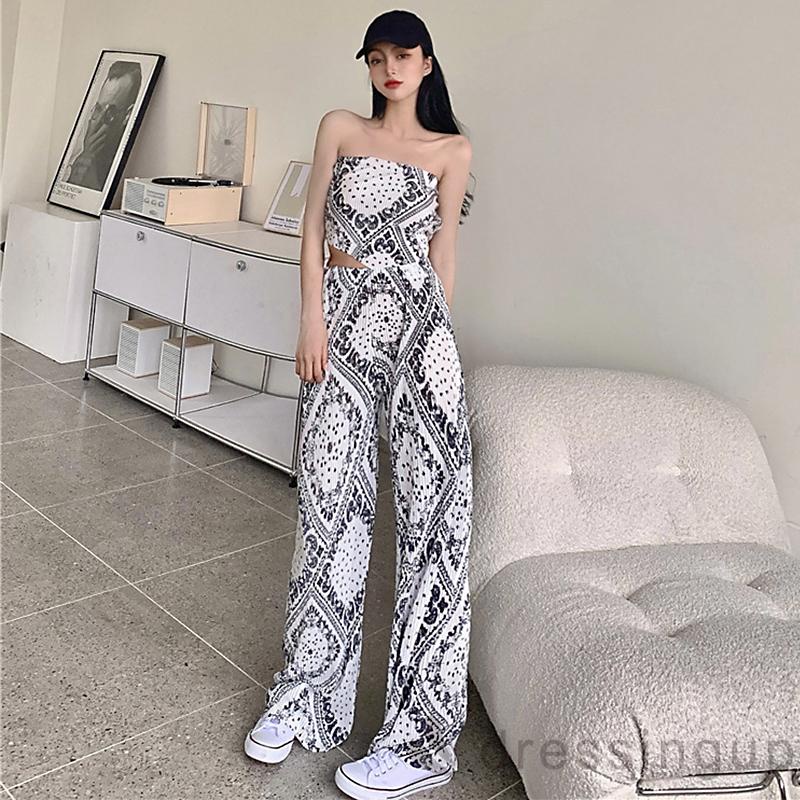 Bộ Áo Thun Cộc Tay In Họa Tiết + Quần Ống Rộng Phong Cách Cổ Điển Dành Cho Nữ