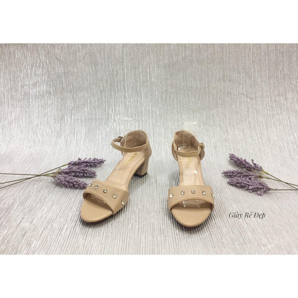 Sandal Cao Gót Nữ Quai Mảnh Đế Vuông 5P | Sandal 5 Phân Quai Ngang Mũi Tròn Đính Đá | Sandal Nữ Đế V
