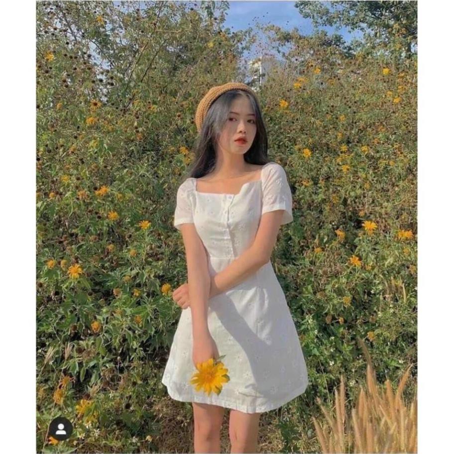 Váy Đầm Nữ Cổ Vuông Phối Nút Thiết Kế Đơn Giản Màu Cơ Bản Siêu Xinh Phù Hợp Đến Công Sở Và Đi Chơi.