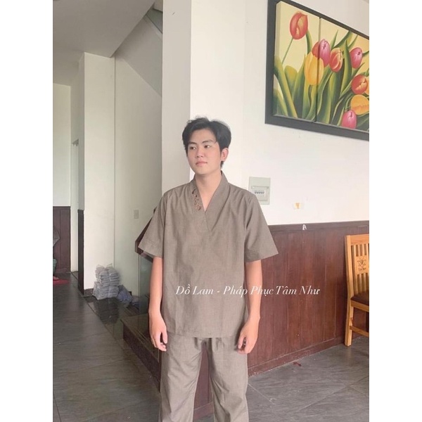 Đồ Lam Đi Chùa Nam Nữ Mẫu Cổ V Thêu Chữ Tâm