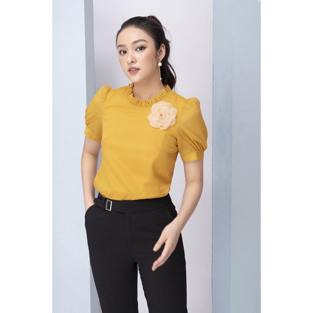 Áo Sơ Mi Tay Phồng Nữ LIPERI Thiết kế cổ tròn đính hoa ngực chất lụa tơ cao cấp mềm mịn nhẹ mát không nhăn LFSM1198