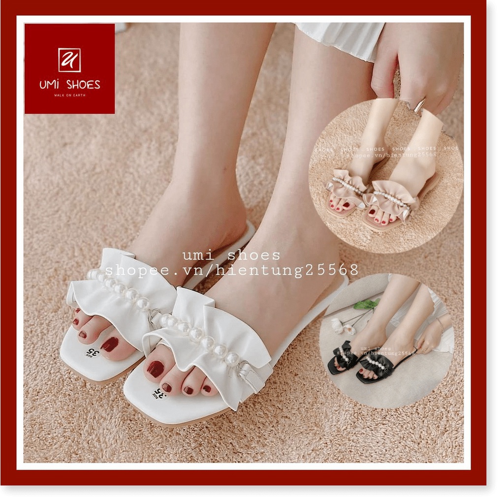 💖 Dép nữ quai ngang bèo nhún nhúm đính ngọc châu đẹp hot trend nữ tính mùa hè đi chơi đi biển đẹp rẻ