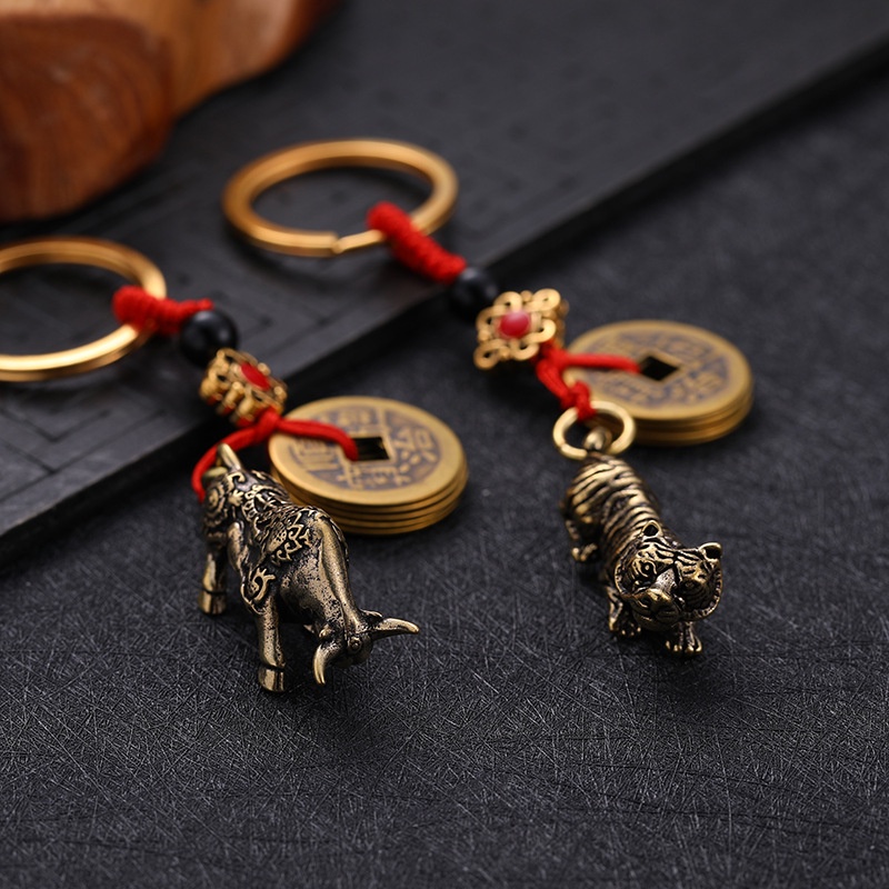 Móc Khóa Đồng Thau Kiểu Dáng Tượng 12 Con Giáp Phối Dây 5 Đồng Xu  Đem Lại May Mắn Chiêu Tài Lộc