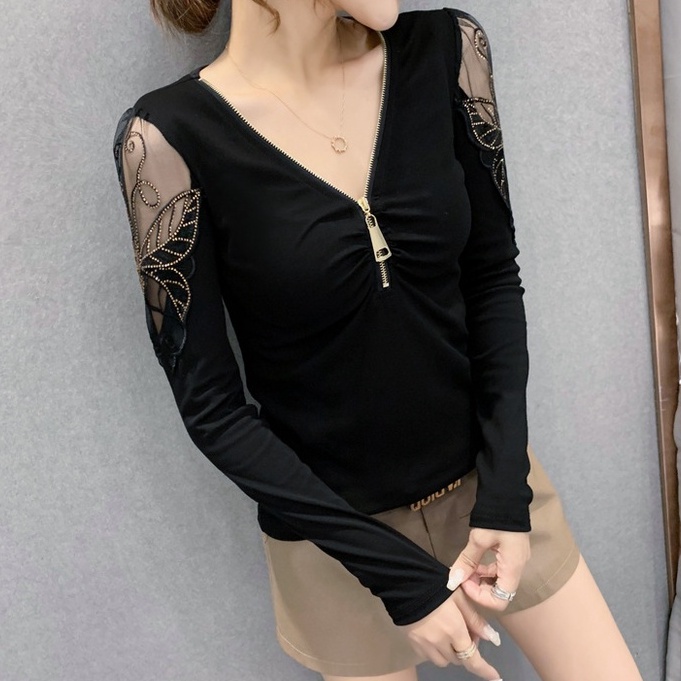 Áo lưới dài tay Áo thun dài tay nữ Cổ Chữ v In Họa Tiết Da Báo Phong Cách Mới
