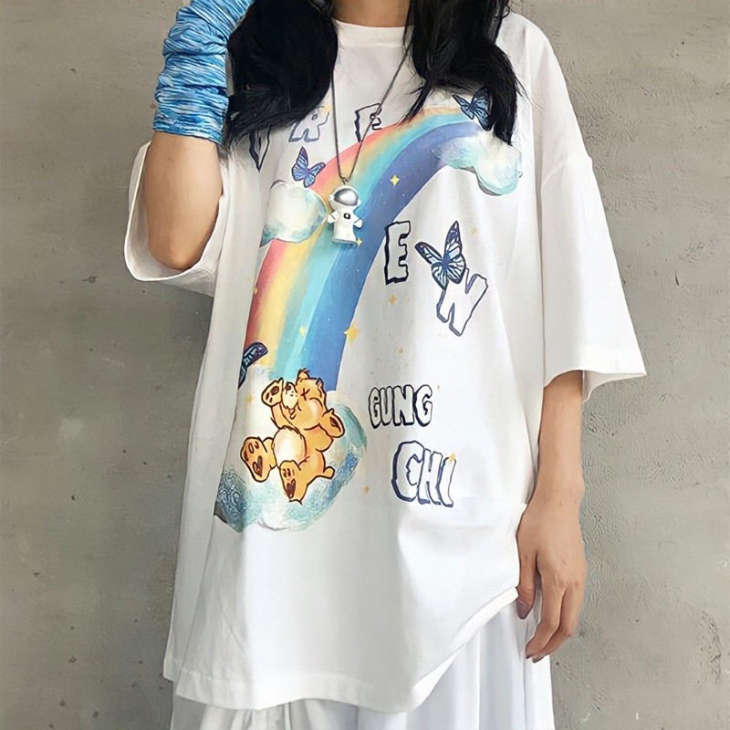 Áo phông tay lỡ form rộng, áo thun unisex nam nữ chất cotton rainbows bear