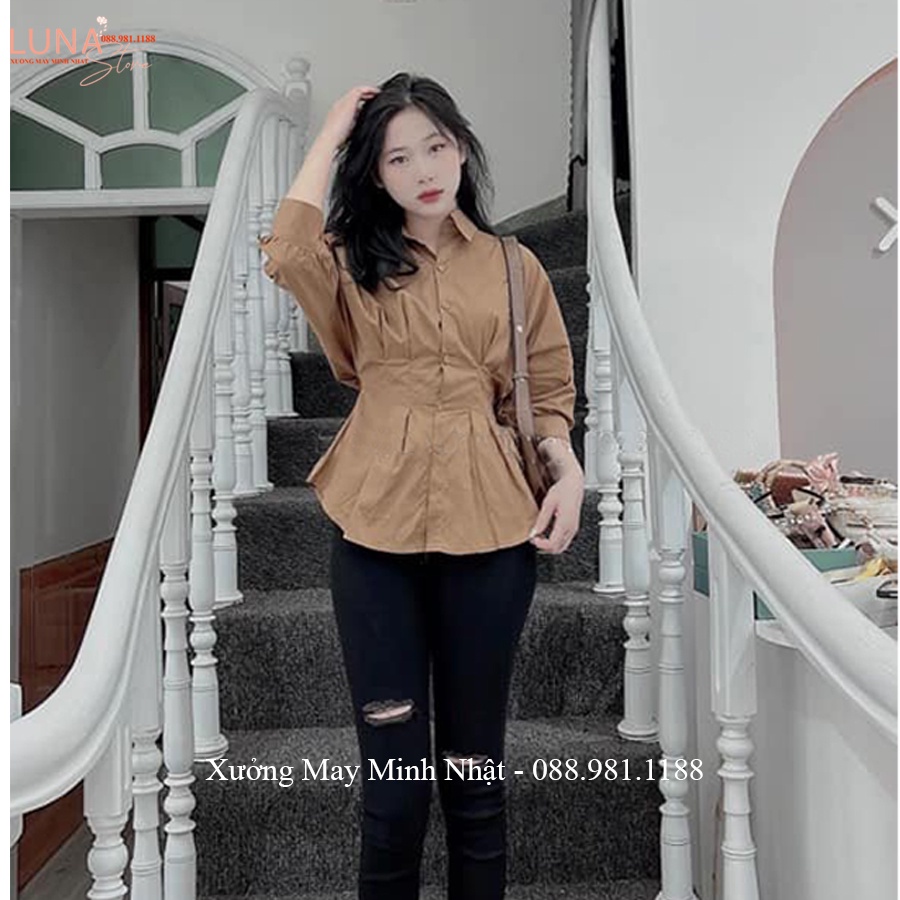 Áo sơ mi trắng nữ chiết eo tay lỡ phồng bồng xếp ly tôn dáng cổ V bẻ vải mềm cho sinh viên mặc đi học sinh làm công sở