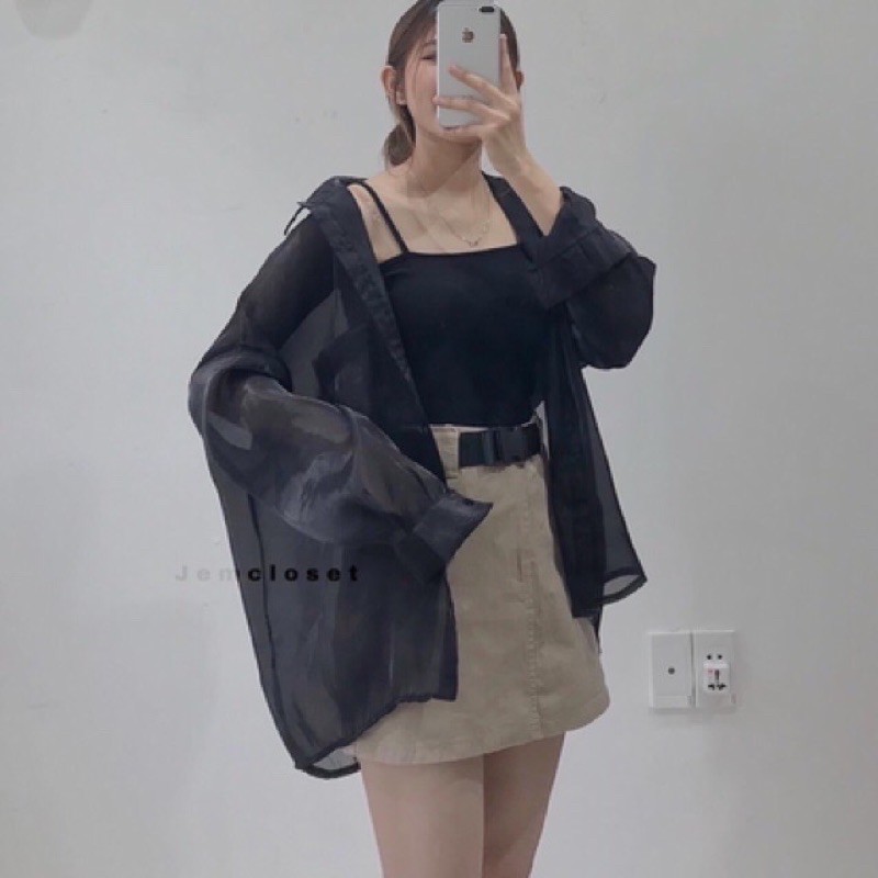 Set áo sơ mi voan mỏng kèm áo 2 dây thun bozip êm đẹp,áo kiểu nữ,áo khoác ngoài,áo đi biển, đi chơi