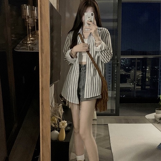 【ZHELIHANGFEI】Áo Sơ Mi Chống Nắng Tay Dài Dáng Rộng Họa Tiết Kẻ Sọc Thời Trang Cho Nữ