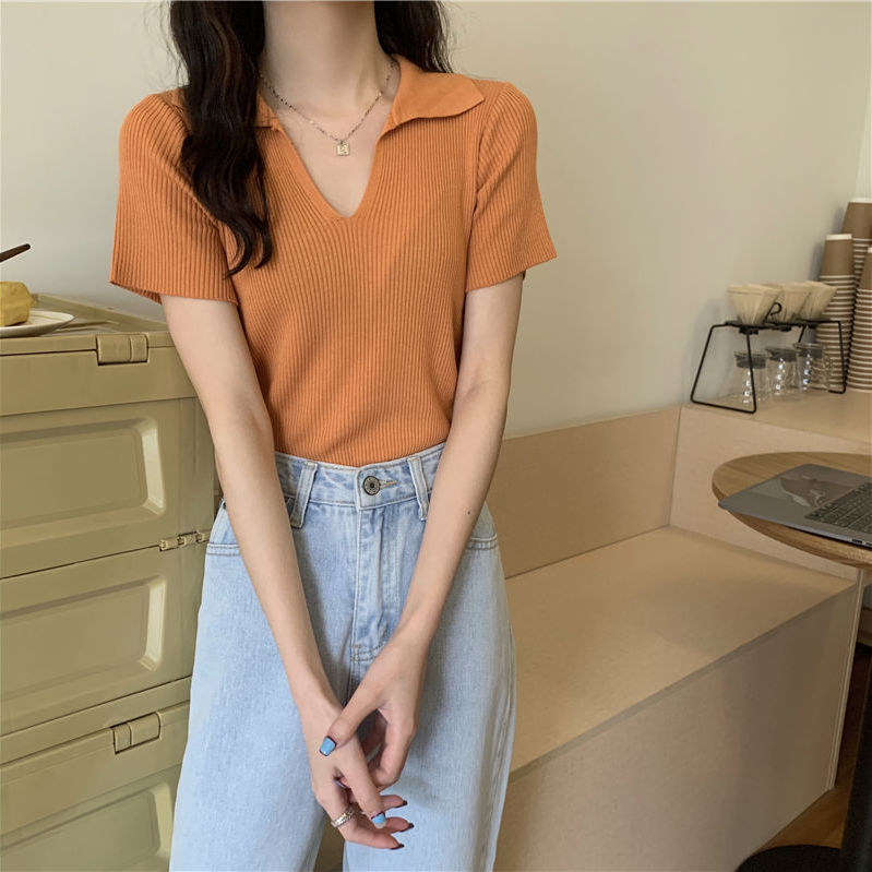 Áo Croptop Nữ Tay Ngắn Cổ Chữ V Polo Dáng Ôm Thoáng Mát Màu Trơn Thanh Lịch 8 Màu Tùy Chọn Thời Trang | BigBuy360 - bigbuy360.vn