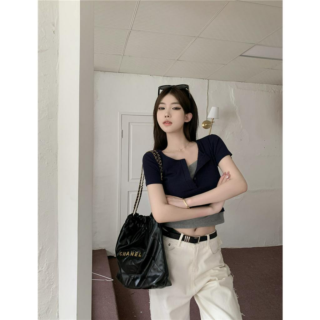 qkoole  Áo Thun Ngắn Tay Giả Hai Lớp Dáng Ôm Thời Trang Dành Cho Nữ