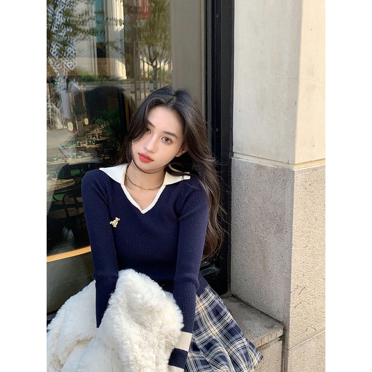 Áo len dài tay cổ chữ V màu sắc thanh lịch dành cho nữ