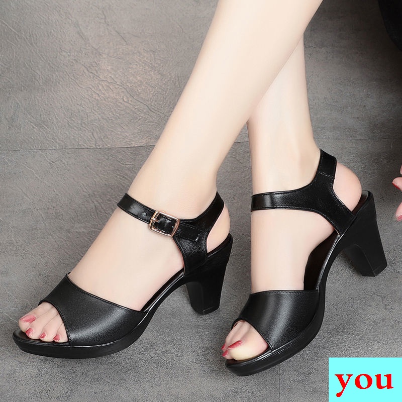 Giày Sandal Cao Gót Bằng Da Thật Màu Đen Thời Trang Mùa Hè Dành Cho Phụ Nữ Trung Niên 2022