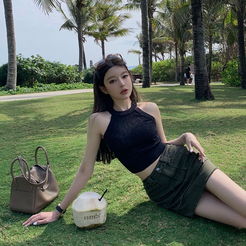 Porozi Áo croptop nữ dệt kim dáng ngắn không tay thời trang Hàn Quốc