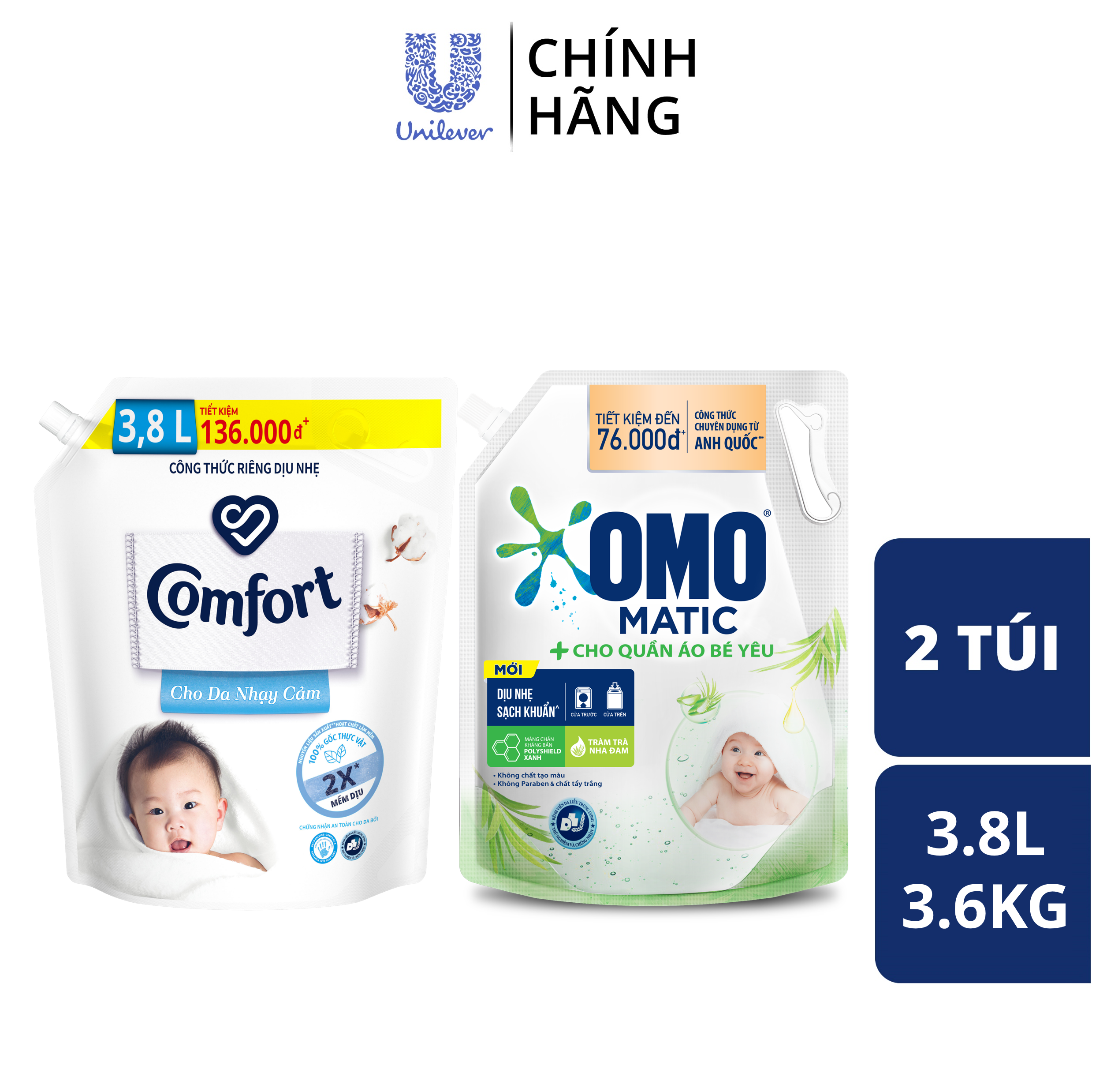 [FMCGMALL -8% ĐH 250K] Combo Túi Nước Giặt Omo Matic Baby 3.6kg + Nước xả vải Comfort Cho Da Nhạy Cảm Túi 3.8L